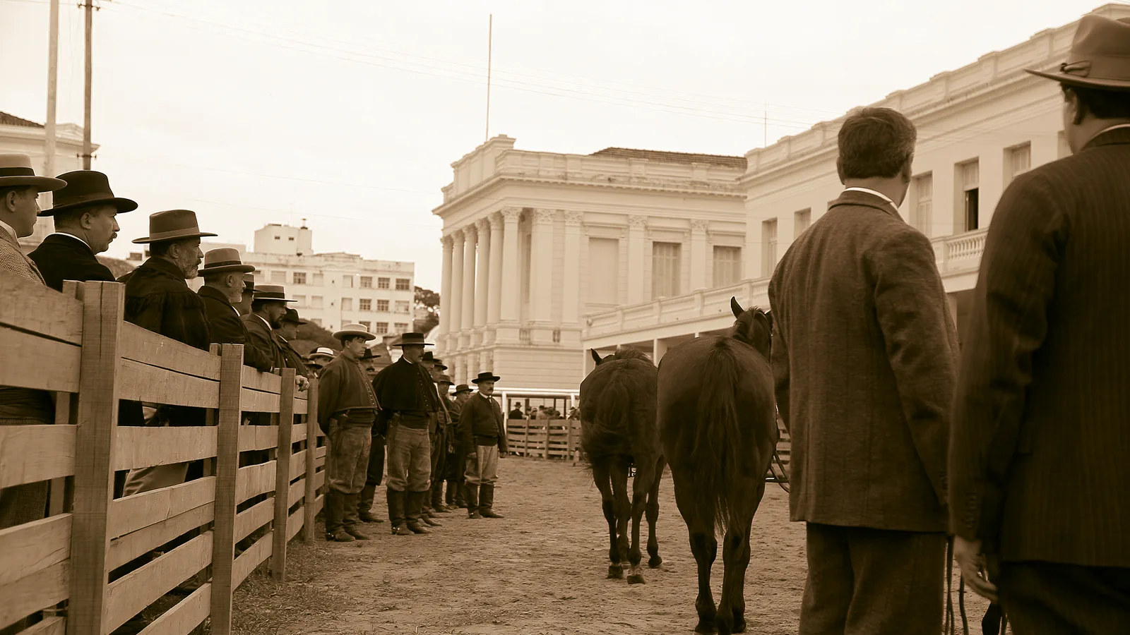 Cena histórica do turfe no Jockey Club de Pelotas, atmosfera dos anos 1930